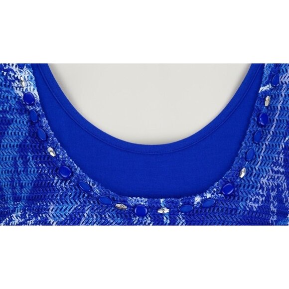 Multiples Top Womens Size Small Blue Beaded Scoop Neck 3/4 Sleeve Layered Mesh - Picture 2 of 11